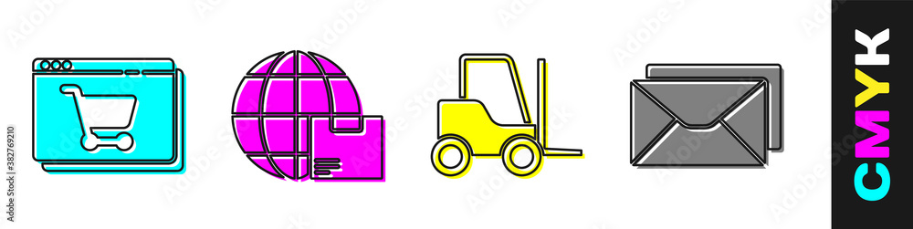 Set Online shopping on screen, Worldwide shipping and box, Forklift truck and Envelope icon. Vector.