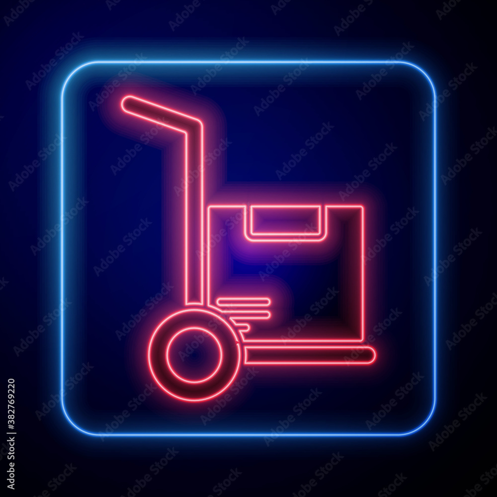 Glowing neon Hand truck and boxes icon isolated on blue background. Dolly symbol. Vector Illustratio