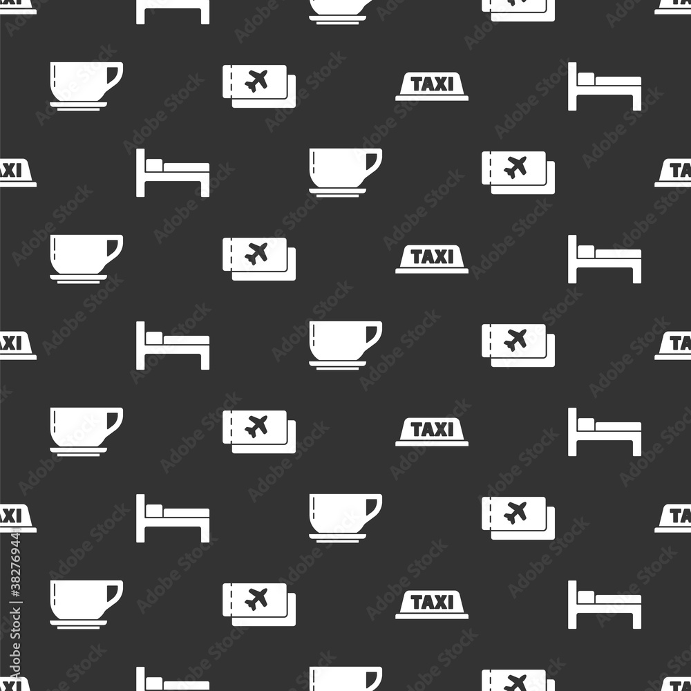 Set Taxi car roof, Bed, Coffee cup and Airline ticket on seamless pattern. Vector.