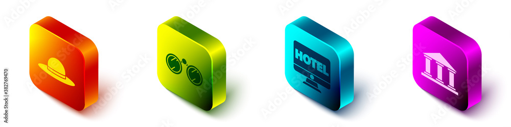 Set Isometric Elegant women hat, Binoculars, Online hotel booking and Museum building icon. Vector.