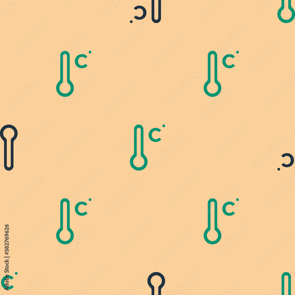 Green and black Meteorology thermometer measuring icon isolated seamless pattern on beige background