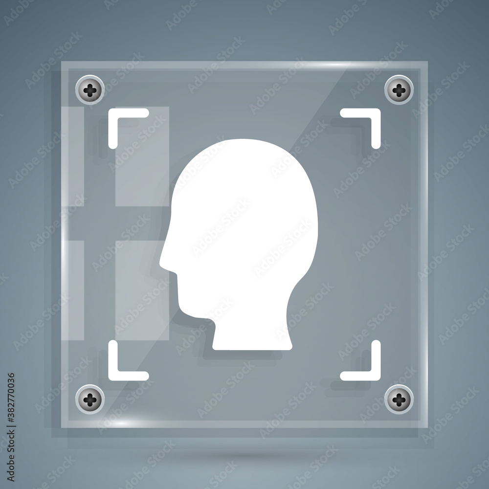 White Face recognition icon isolated on grey background. Face identification scanner icon. Facial id