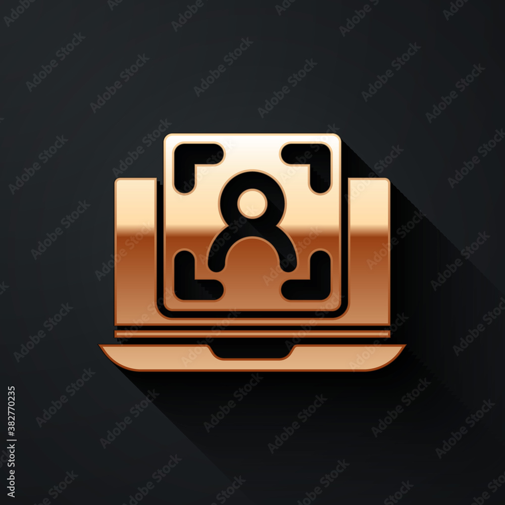 Gold Laptop with face recognition icon isolated on black background. Face identification scanner ico