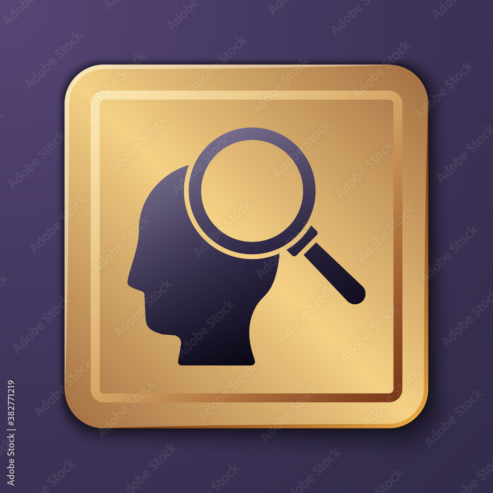 Purple Finding a problem in psychology icon isolated on purple background. Gold square button. Vecto