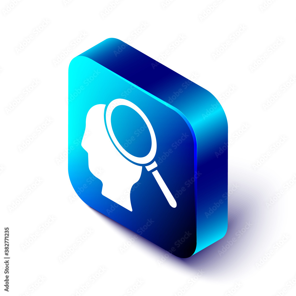 Isometric Finding a problem in psychology icon isolated on white background. Blue square button. Vec