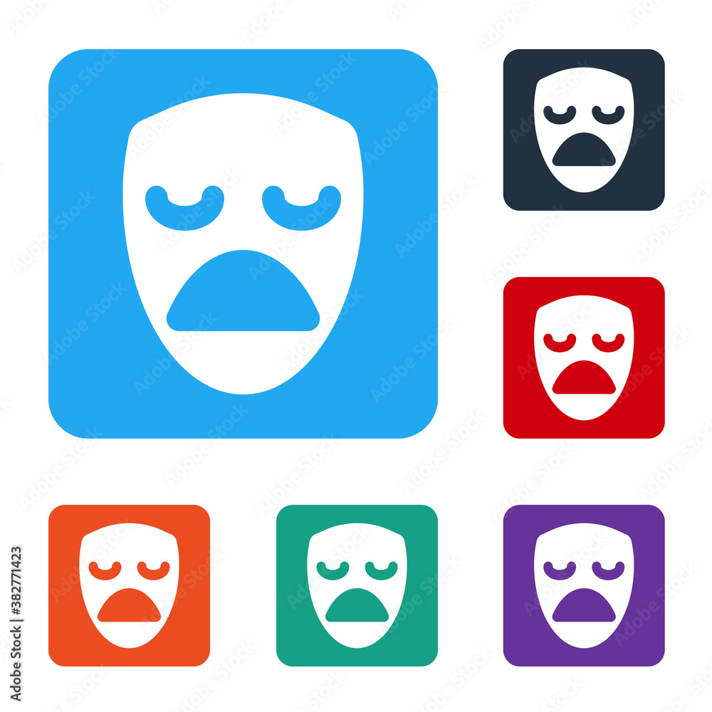 White Drama theatrical mask icon isolated on white background. Set icons in color square buttons. Ve