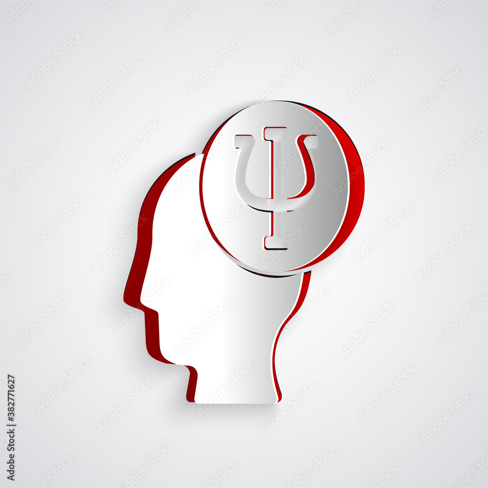 Paper cut Psychology icon isolated on grey background. Psi symbol. Mental health concept, psychoanal