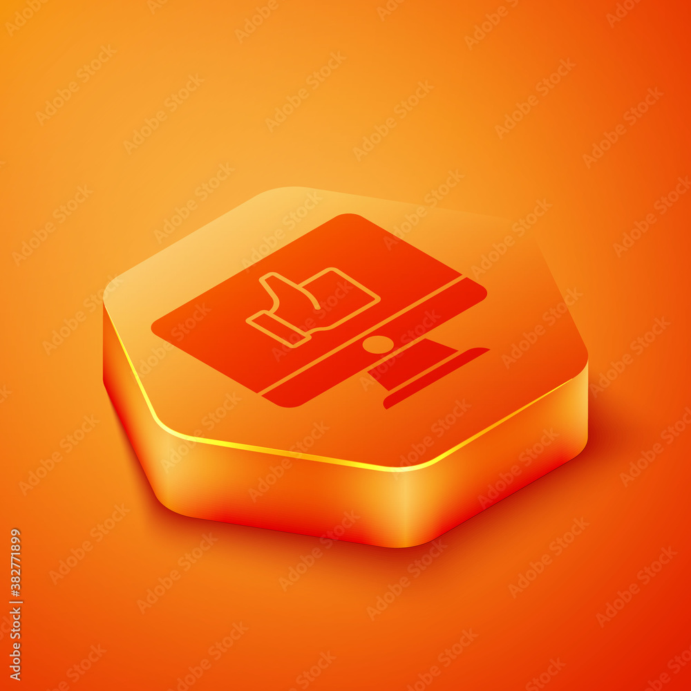 Isometric Hand like icon isolated on orange background. Orange hexagon button. Vector.