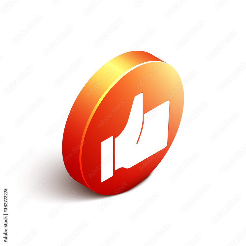 Isometric Hand like icon isolated on white background. Orange circle button. Vector.