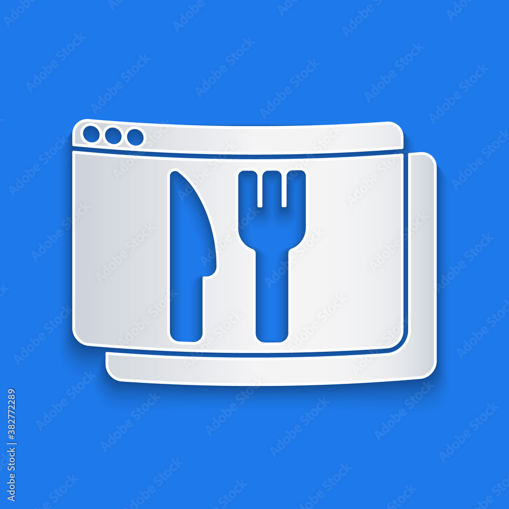 Paper cut Online ordering and fast food delivery icon isolated on blue background. Paper art style. 