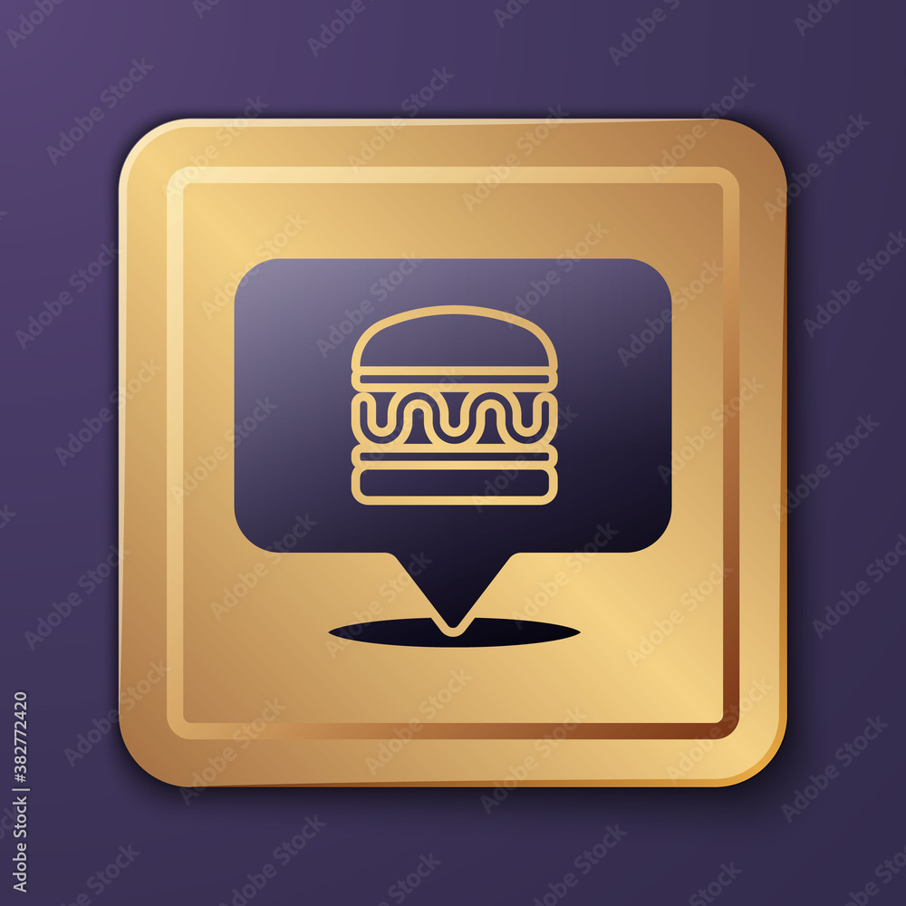 Purple Online ordering and burger delivery icon isolated on purple background. Gold square button. V