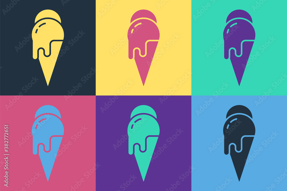 Pop art Ice cream in waffle cone icon isolated on color background. Sweet symbol. Vector.