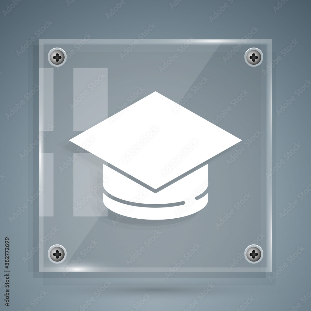 White Graduation cap icon isolated on grey background. Graduation hat with tassel icon. Square glass