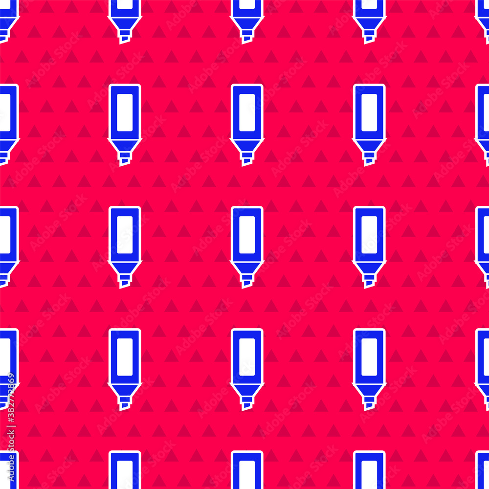 Blue Marker pen icon isolated seamless pattern on red background. Vector.