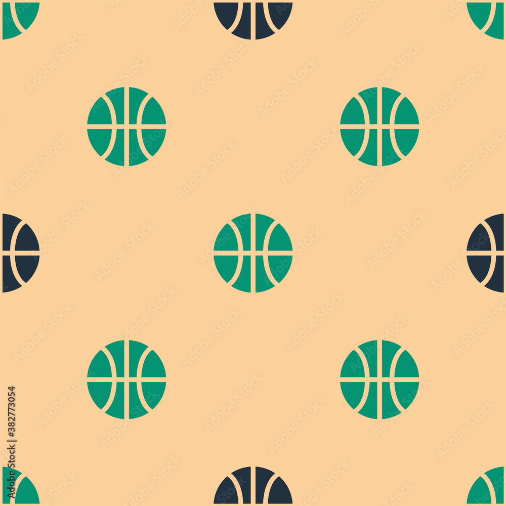 Green and black Basketball ball icon isolated seamless pattern on beige background. Sport symbol. Ve