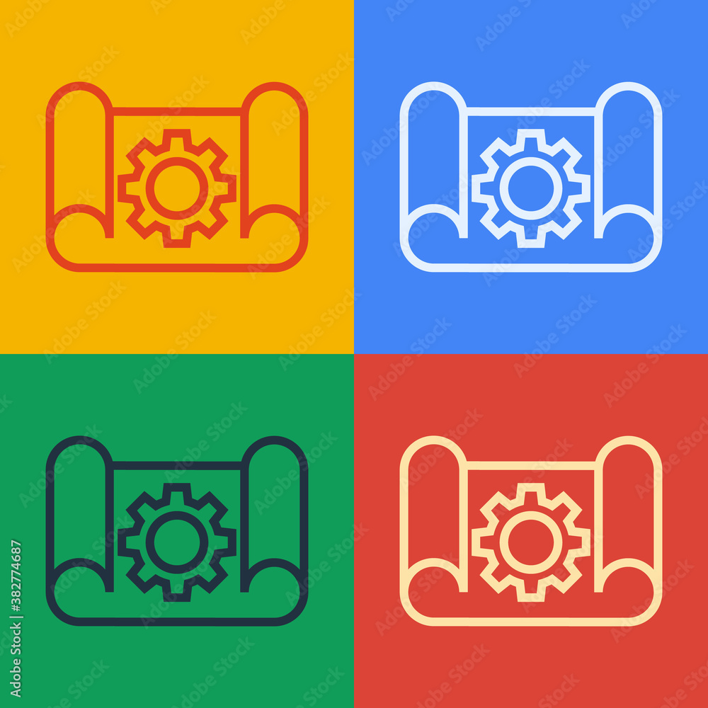 Pop art line Graphing paper for engineering and gear icon isolated on color background. Vector Illus