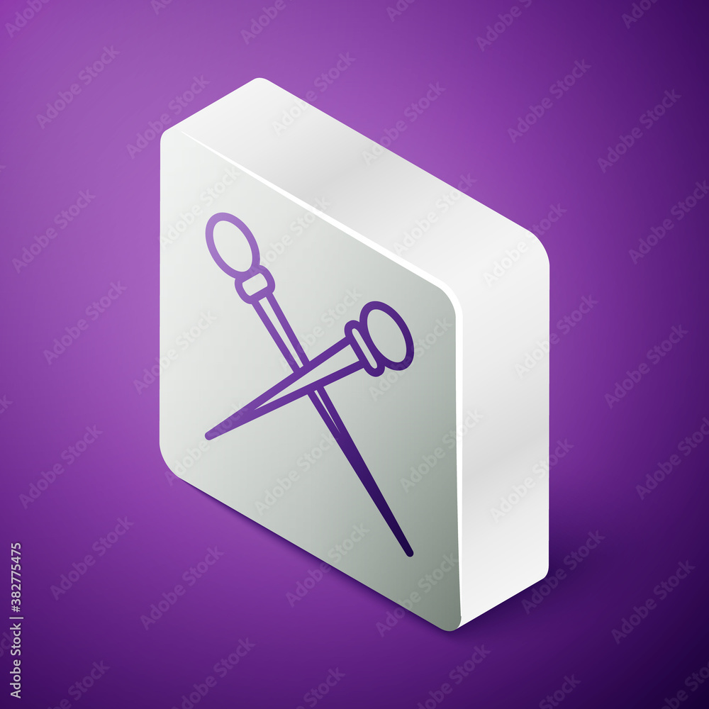 Isometric line Knitting needles icon isolated on purple background. Label for hand made, knitting or