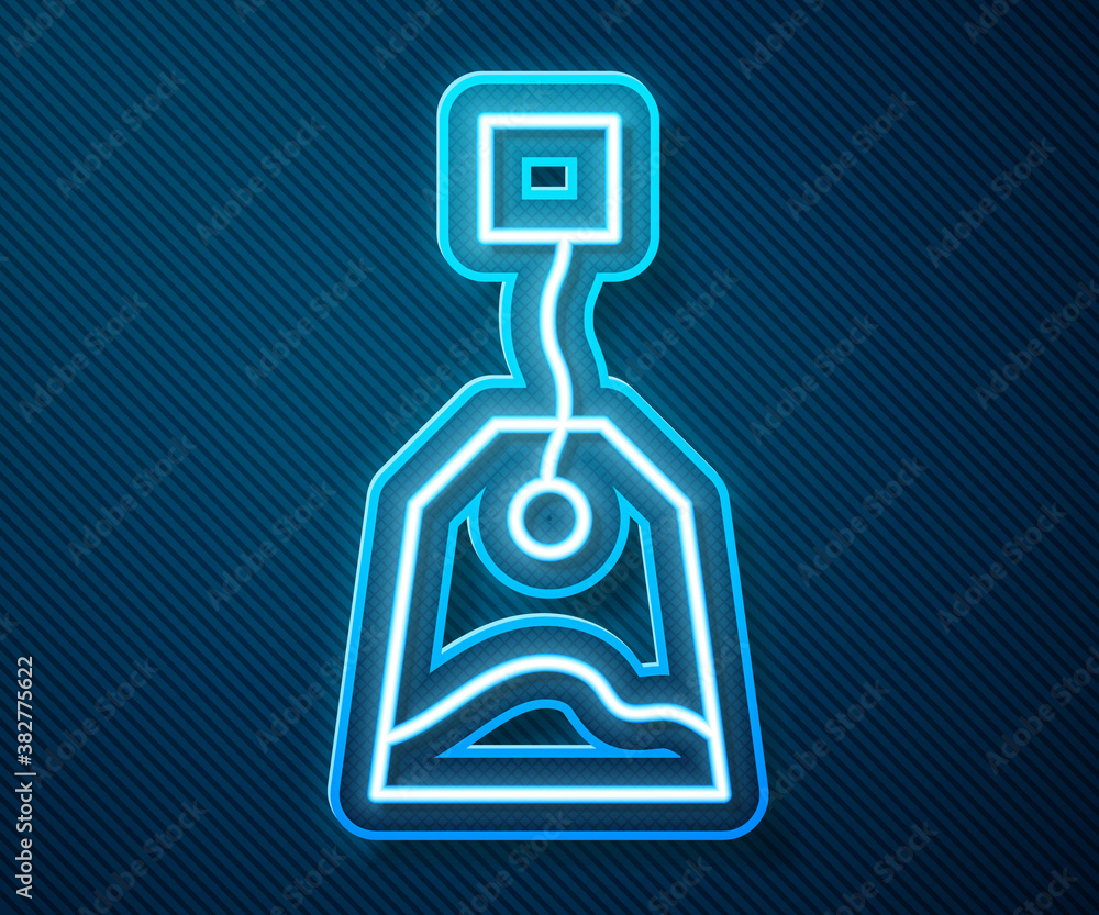 Glowing neon line Tea bag icon isolated on blue background. Vector Illustration.