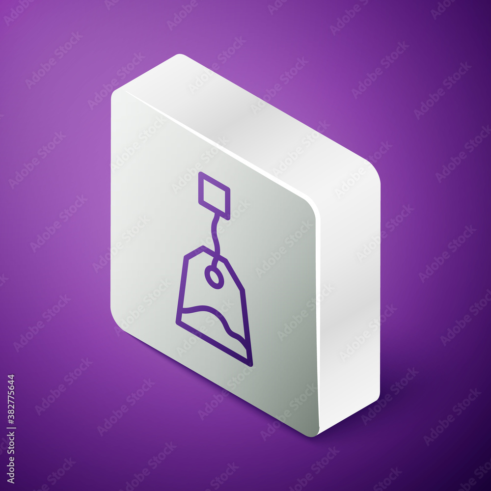 Isometric line Tea bag icon isolated on purple background. Silver square button. Vector Illustration