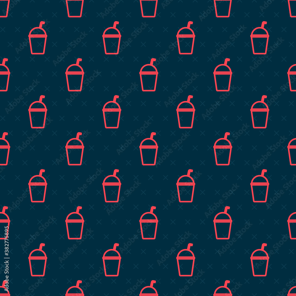 Red line Milkshake icon isolated seamless pattern on black background. Plastic cup with lid and stra