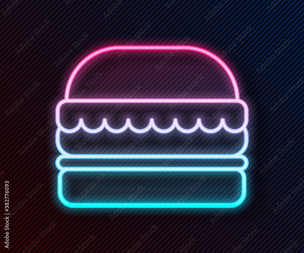 Glowing neon line Burger icon isolated on black background. Hamburger icon. Cheeseburger sandwich si