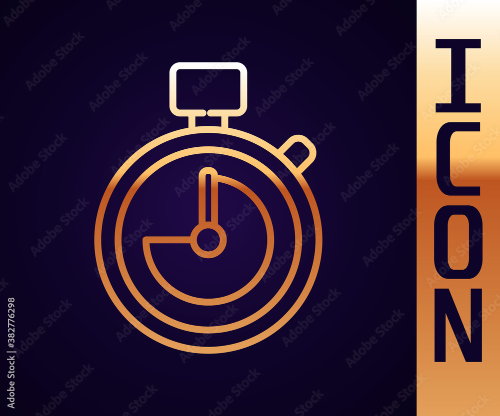 Gold line Stopwatch icon isolated on black background. Time timer sign. Chronometer sign. Vector Ill