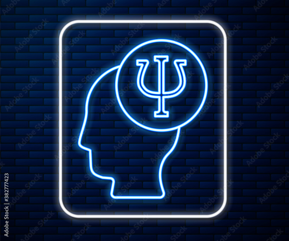 Glowing neon line Psychology icon isolated on brick wall background. Psi symbol. Mental health conce