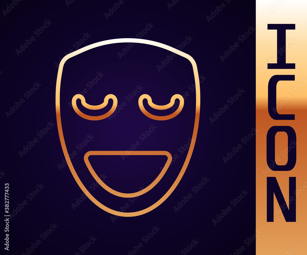 Gold line Comedy theatrical mask icon isolated on black background. Vector.