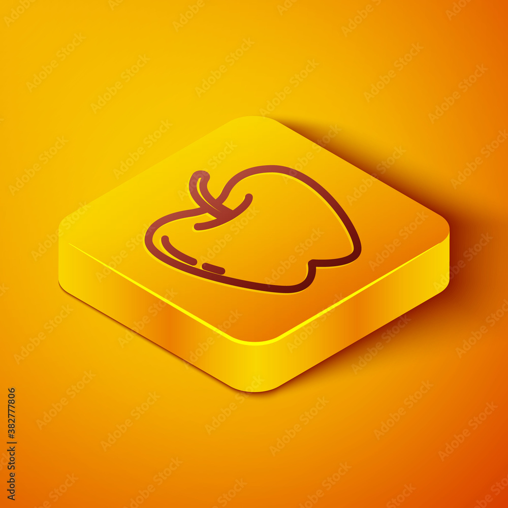 Isometric line Apple icon isolated on orange background. Fruit with leaf symbol. Yellow square butto