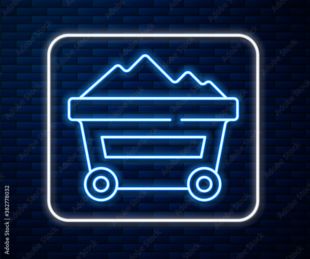 Glowing neon line Coal mine trolley icon isolated on brick wall background. Factory coal mine trolle