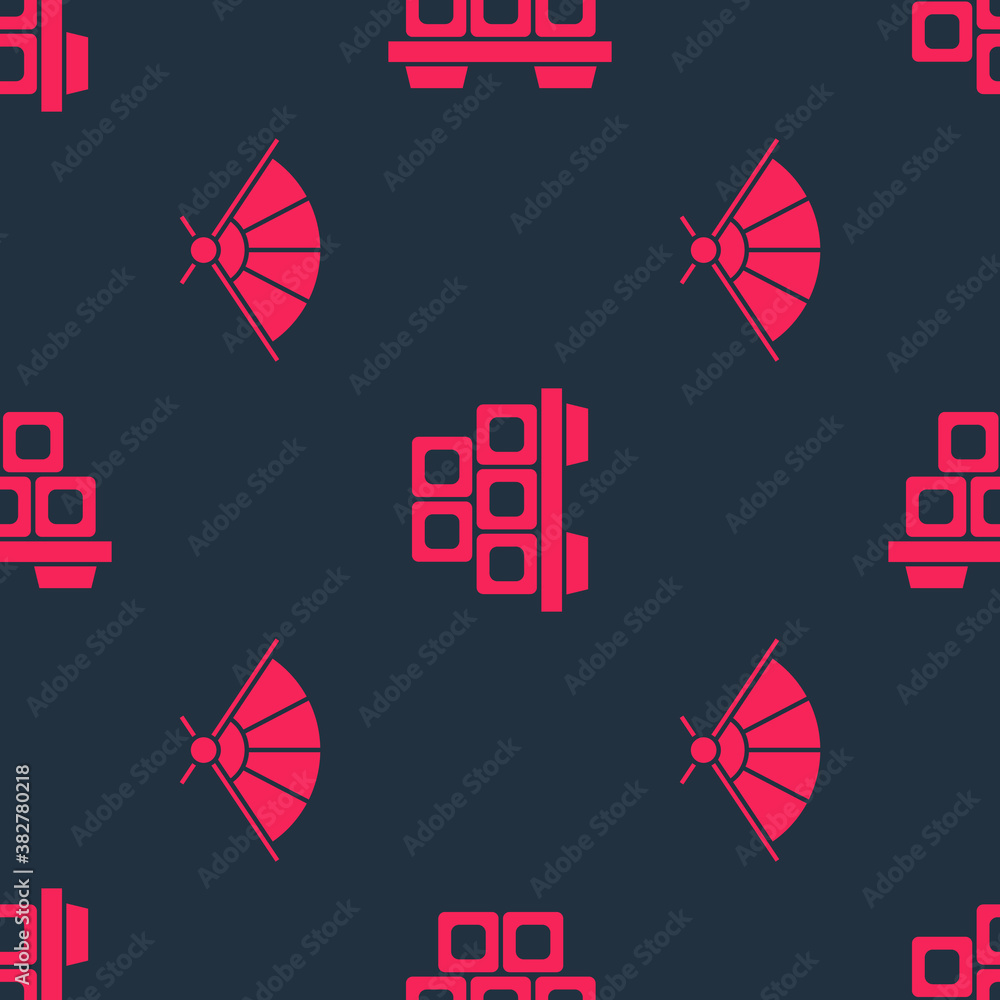 Set Paper chinese folding fan and Sushi on cutting board on seamless pattern. Vector.