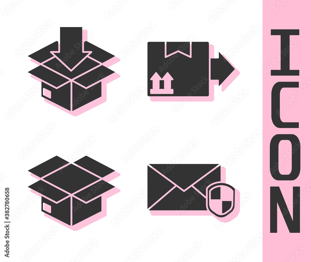 Set Envelope with shield, Cardboard box with traffic symbol, Carton cardboard box and Cardboard box 