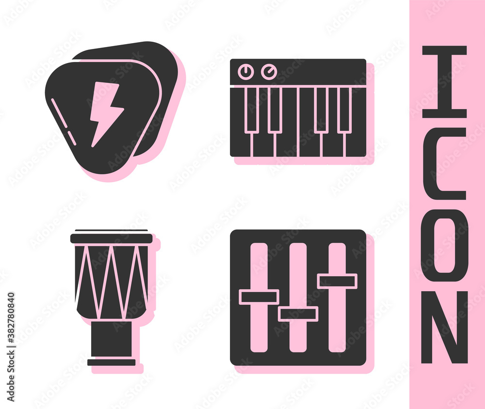 Set Sound mixer controller, Guitar pick, Drum and Music synthesizer icon. Vector.