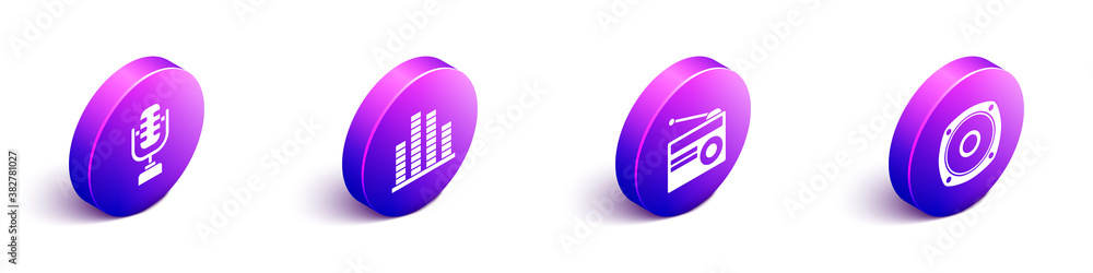 Set Isometric Microphone, Music equalizer, Radio with antenna and Stereo speaker icon. Vector.