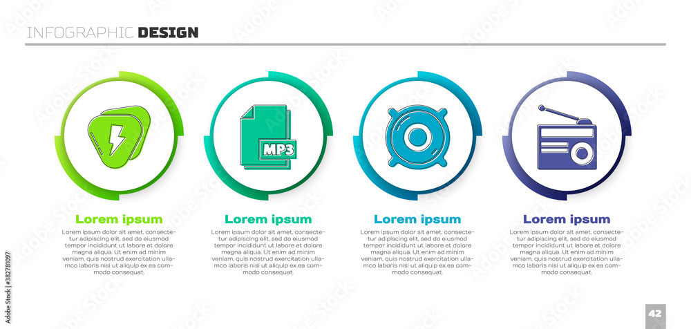 Set Guitar pick, MP3 file document, Stereo speaker and Radio with antenna. Business infographic temp