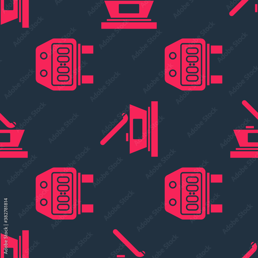 Set Stopwatch and Ice hockey cup champion on seamless pattern. Vector.