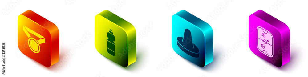 Set Isometric Medal, Fitness shaker, Mallet for playing air hockey and Air hockey table icon. Vector