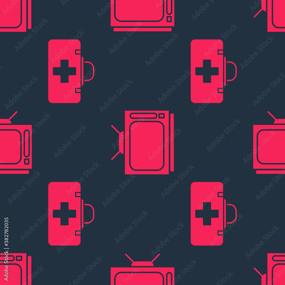 Set First aid kit and Retro tv on seamless pattern. Vector.