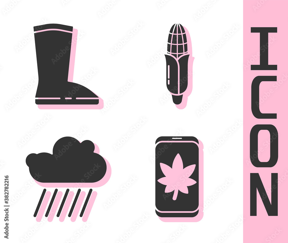 Set Leaf on mobile phone, Waterproof rubber boot, Cloud with rain and Corn icon. Vector.