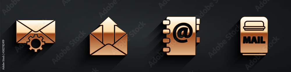 Set Envelope setting, Outgoing mail, Address book and Mail box icon with long shadow. Vector.