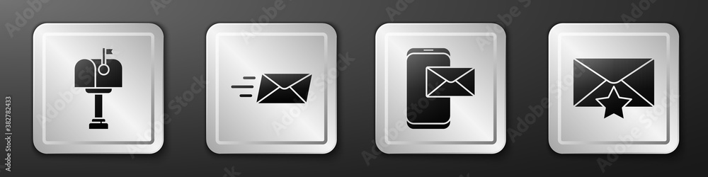 Set Mail box, Express envelope, Mobile and envelope and Envelope with star icon. Silver square butto