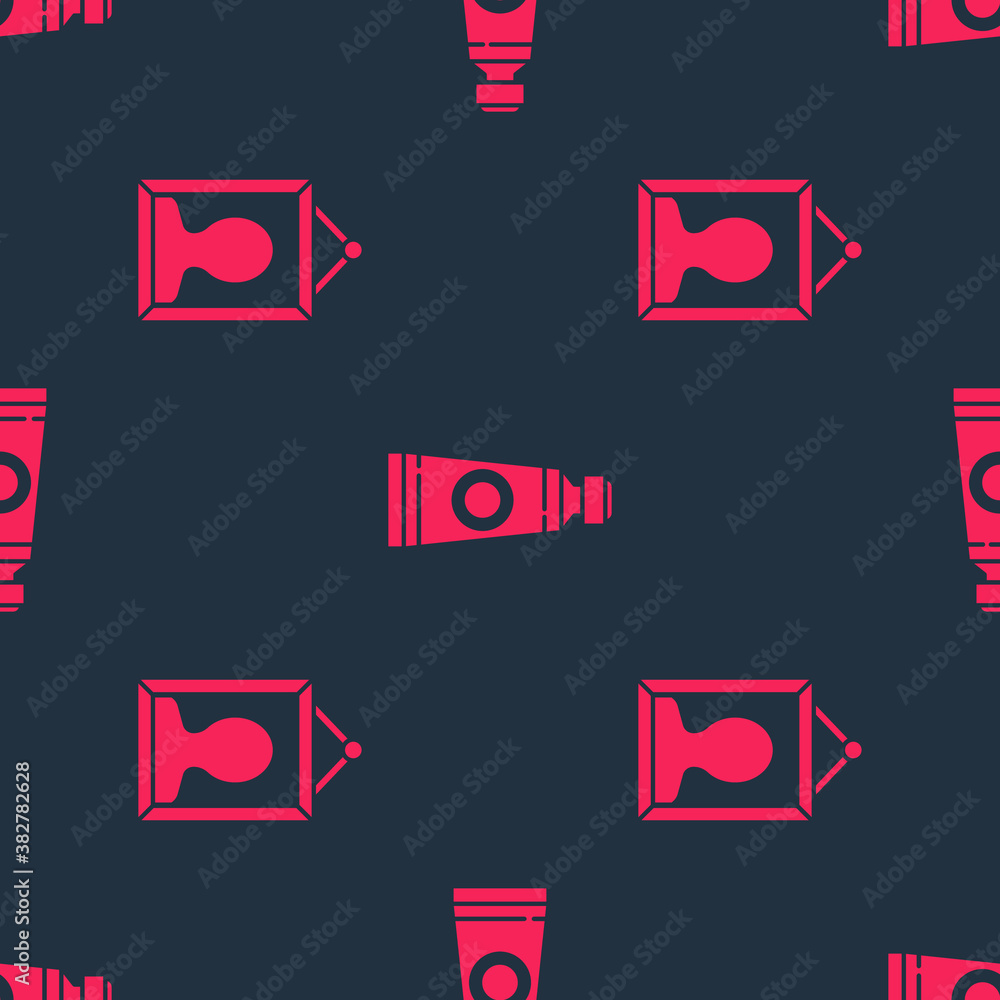 Set Picture and Tube with paint palette on seamless pattern. Vector.