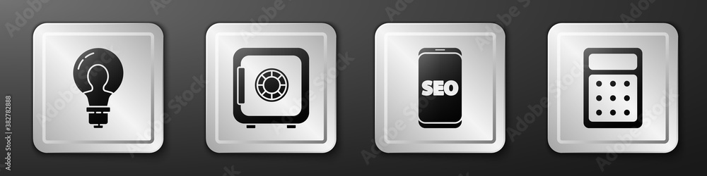 Set Light bulb with concept of idea, Safe, Mobile phone SEO optimization and Calculator icon. Silver