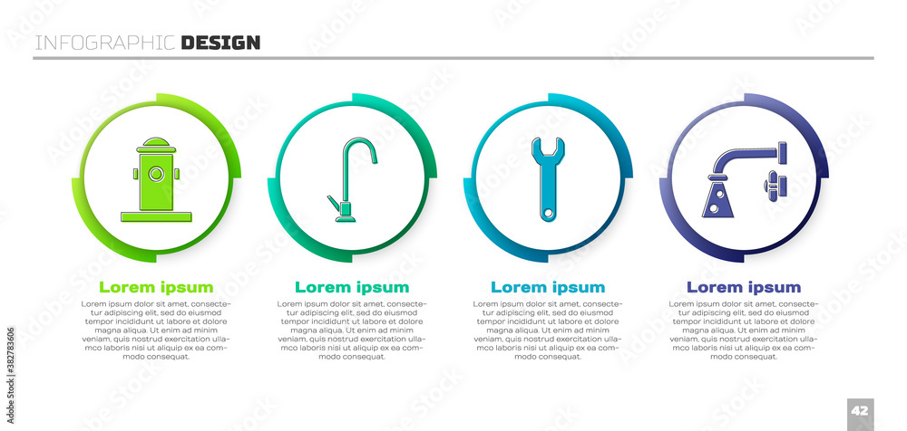 Set Fire hydrant, Water tap, Wrench spanner and Water tap. Business infographic template. Vector.