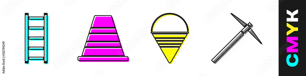 设置消防通道、交通锥、消防锥桶和镐图标。矢量。