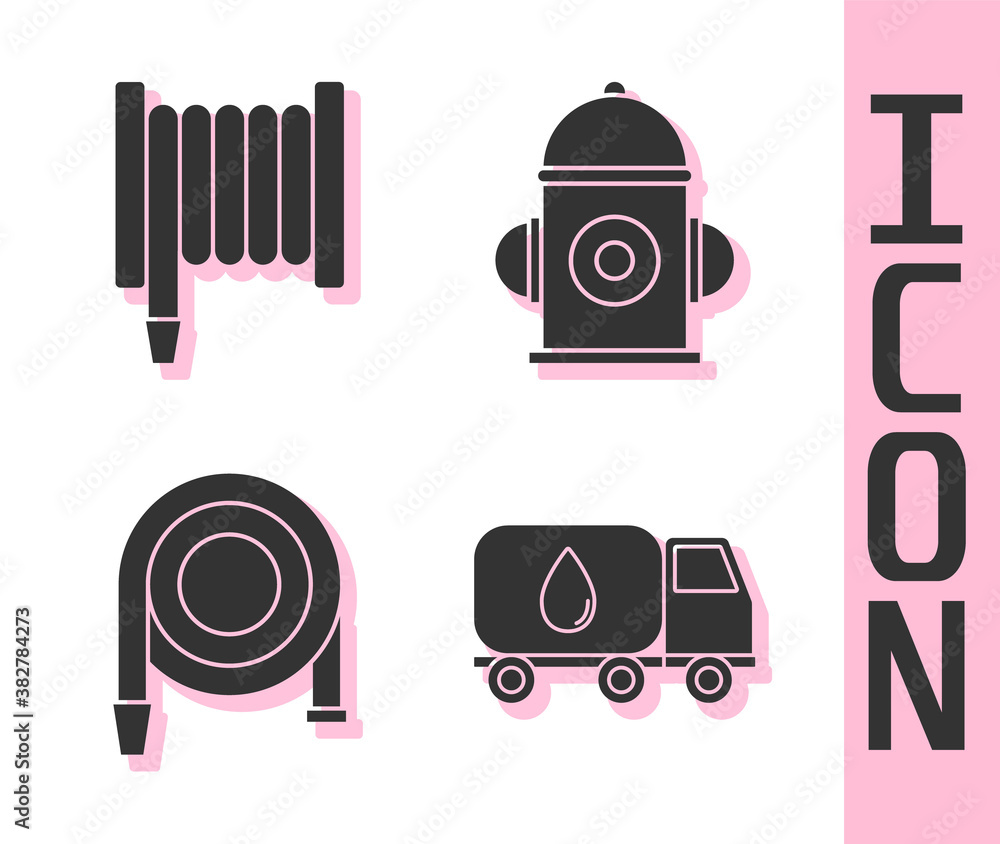 Set Water delivery truck, Fire hose reel, Fire hose reel and Fire hydrant icon. Vector.