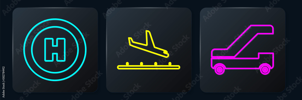 Set Isometric Helicopter landing pad, Passenger ladder for plane boarding and Plane landing icon. Ve