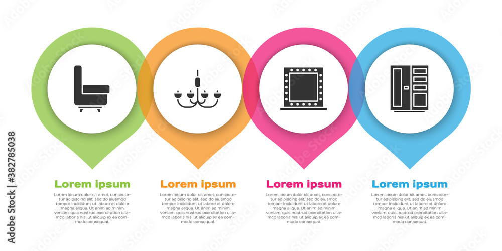套装扶手椅、吊灯、带灯化妆镜和衣柜。商业信息图模板。Vec