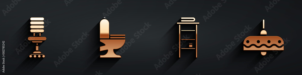 Set Office chair, Toilet bowl, Bathroom rack with shelves for towels and Chandelier icon with long s