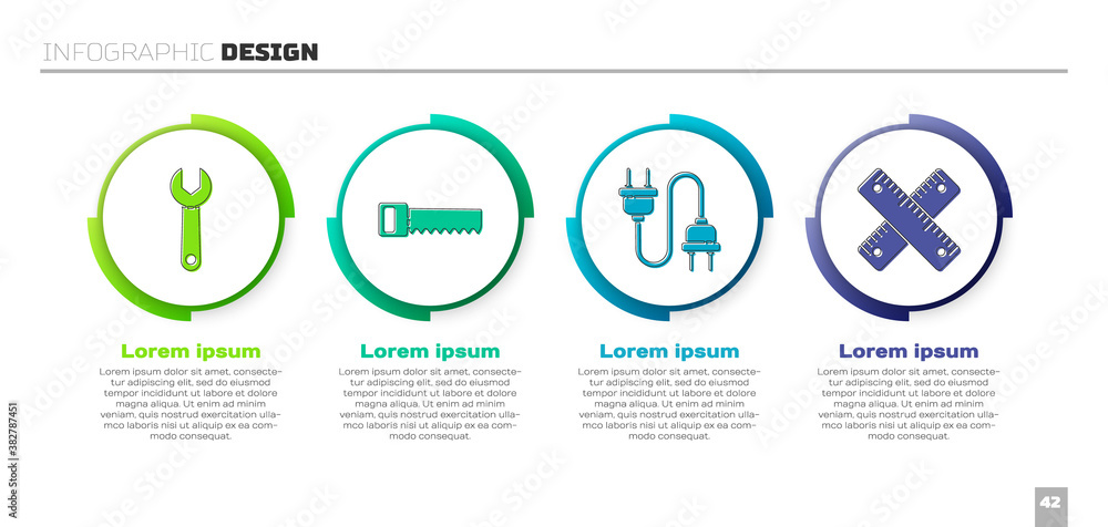 Set Wrench spanner, Hand saw, Electric plug and Crossed ruler. Business infographic template. Vector